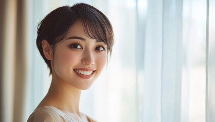 A beautiful Japanese woman with short hair smiles in front of white curtains.
