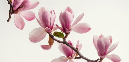 Una rama de flor de magnolia rosa sobre un fondo blanco, con una iluminación suave.