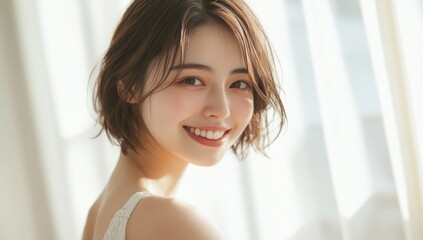 Naklejka premium A beautiful Japanese woman with short hair smiles in front of white curtains.