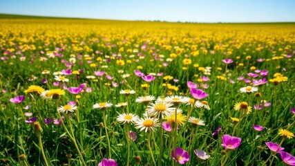 Obraz premium Field filled with vibrant yellow dandelions against a clear blue sky, scenic, tranquil, flora