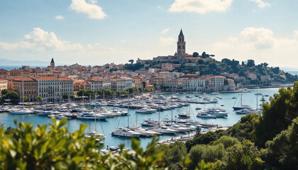 Obraz premium Scenic view of a coastal town with yachts in the harbor surrounded by historical architecture and lush hills