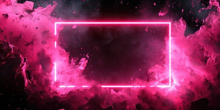 Dynamic neon pink frame with pixelated edges, glowing softly on a pitch-black backdrop