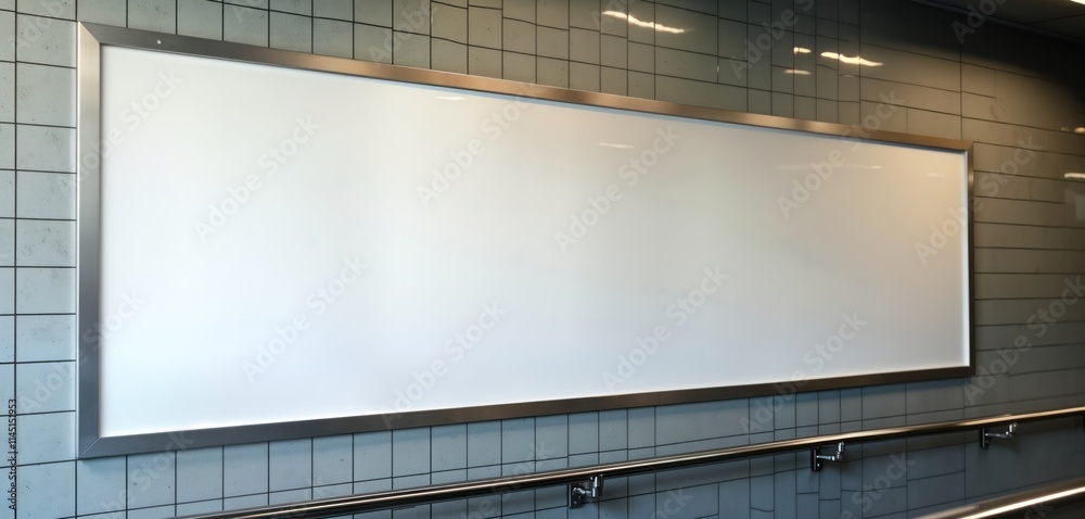 Poster Empty white banner on subway wall. Modern mock-up display space in subway station. Horizontal billboard ready for advertisement. Blank advertising board in corridor. Interior design element.