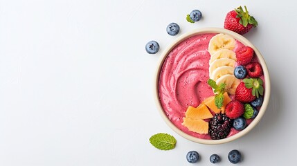 Smoothie Bowl with Fresh Berries and Fruits, Healthy Breakfast, Vegan Food, Copy Space, Food Photography

