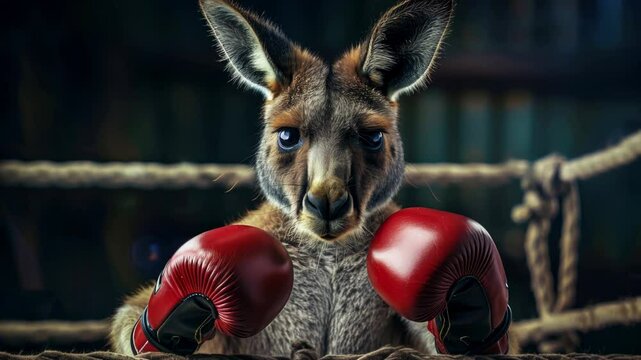 A kangaroo stands in a boxing ring with red gloves, displaying an unexpected but amusing take on sports. The setting adds excitement to this entertaining moment.