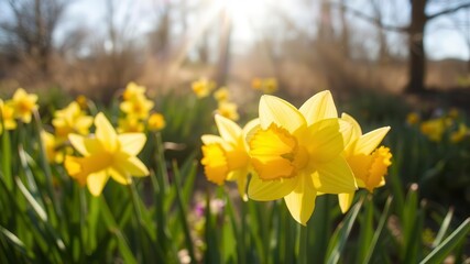 Obraz premium Gorgeous daffodil flowers blooming in a vast field, sunlight, blossoms