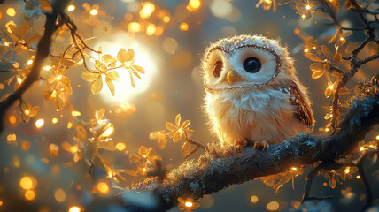 A fluffy baby owl perched on a moonlit tree branch, surrounded by fireflies,