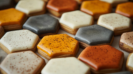 Hexagonal cookies with various icing colors.