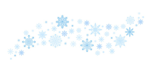 Background with snowflakes in the form of a wave in cartoon style. Vector illustration of winter snowflakes of blue and dark blue isolated on white background. Wind whirlwind. Blizzard. Snowfall.