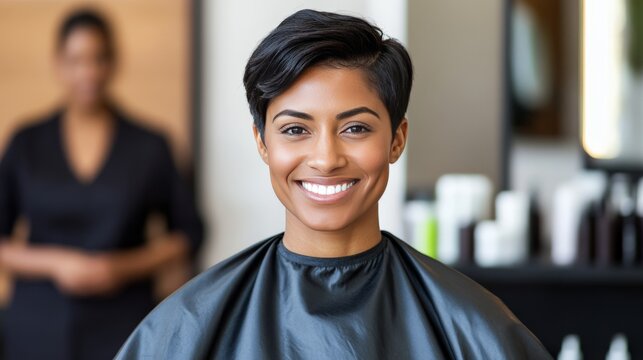 Smiling woman with a short pixie haircut in a sleek black cape sitting in a contemporary hair salon surrounded by modern design and illuminated by soft flattering lighting
