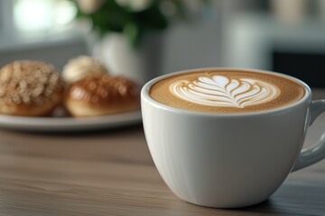 Latte art coffee with pastries in a minimalist cafe setting