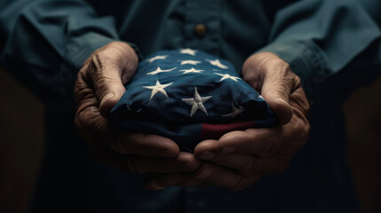 Elderly hands holding folded American flag in dim light