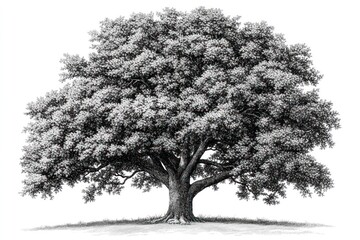 Detailed pencil sketch of a large, majestic oak tree with full foliage, isolated on white background.