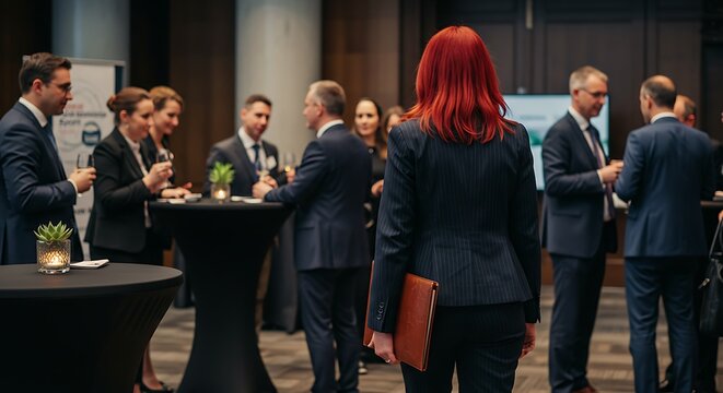 Stylish business people at a formal networking event.  Professional attire, suit, and cocktail party.