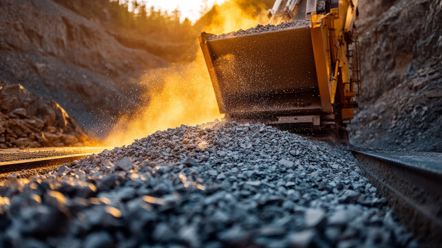 Dump truck unloading gravel in a mining quarry.