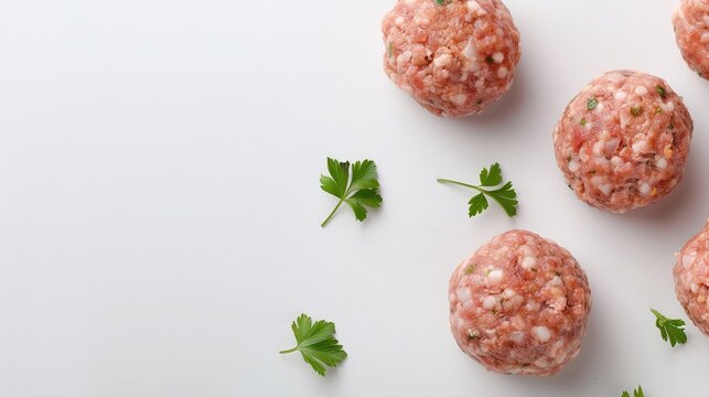 Raw Meatballs with Parsley, Uncooked Meatballs, Preparing Food, Cooking Ingredients, Copy Space, Food Photography

