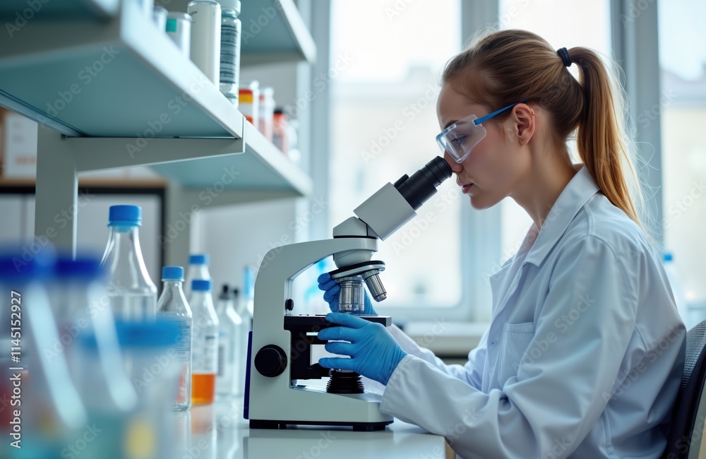 Poster female scientist carefully examines sample under microscope in modern laboratory. research focus on 