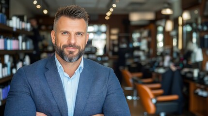 Fototapeta premium Professional businessman with salt-and-pepper hair sitting in a luxurious barbershop exuding confidence and sophistication with polished decor and warm lighting for a refined atmosphere
