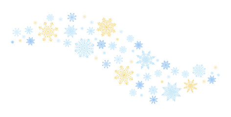 Background with snowflakes of different sizes in the form of a wave in cartoon style. Vector illustration of winter snowflakes of blue, gold and dark blue isolated on white background. Blizzard.