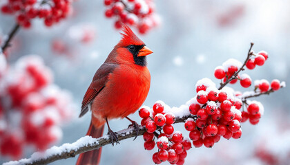 Bright red cardinal perched on a snow-covered branch with vibrant berries during winter