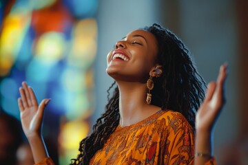 Beautiful young woman with christian gospel singers in church, praising Lord Jesus Christ.	
