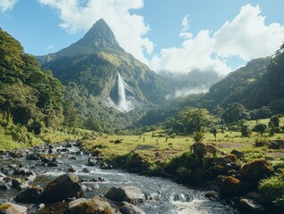 Majestic waterfall cascading from a mountain amidst lush greenery and clear skies.