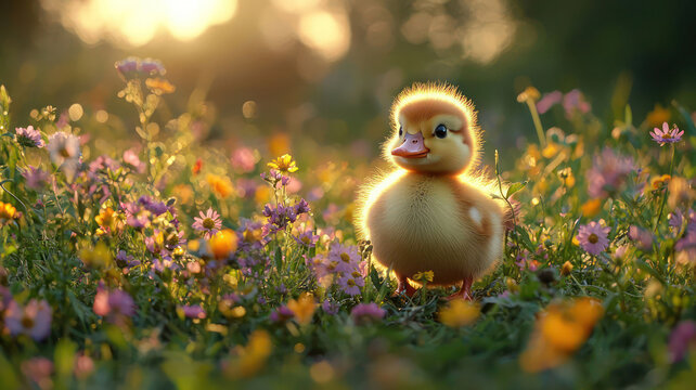 A fluffy duckling waddling through a meadow of colorful wildflowers,