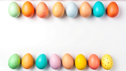 Obraz premium Bright and colorful Easter eggs on a white background with space for text. Perfect for festive and holiday-themed designs