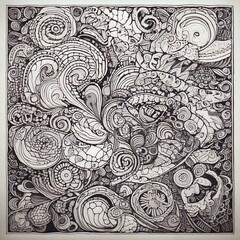 coloring book, A collection of abstract shapes, swirls, and patterns that flow together