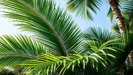 Fototapeta premium Lush and vibrant tropical palm leaves against a clear blue sky, vibrant, jungle