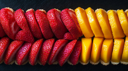 Slices of strawberry and mango on a dark background