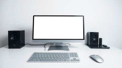 Fototapeta premium Modern computer with sleek design and clean lines on a white background, keyboard, mouse, minimalistic