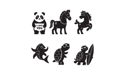 Fun Animal Icon Set - Playful Black and White Cartoon Illustrations