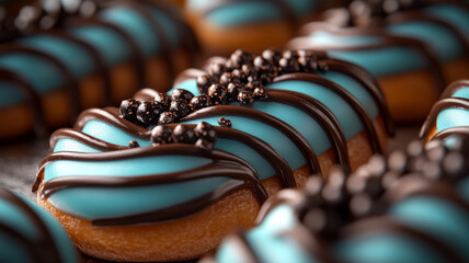 Colorful glazed doughnut with chocolate drizzle.