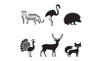 A black and white silhouette collection featuring a tiger, flamingo, hedgehog, peacock, deer, and fox. Great for creative projects and graphic design.