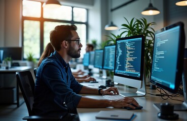 Focused developers code on computers in modern office environment. Team collaboration, innovation key in tech startup. Modern workspace fosters creativity, analytical skills. Specialists