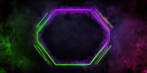 Futuristic neon hexagonal frame in neon purple and bright green, glowing softly against a black canvas