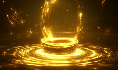 Golden light swirls around a glowing, circular object.