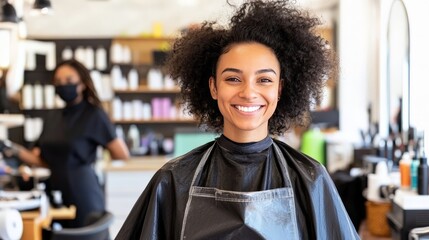 Fototapeta premium Joyful hairstylist with voluminous curls working in a lively salon embodying creativity expertise and the vibrant energy of the beauty industry