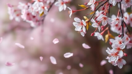 Fototapeta premium Pink sakura petals gently falling in the background, creating an ethereal and romantic atmosphere, floral, ethereal, nature