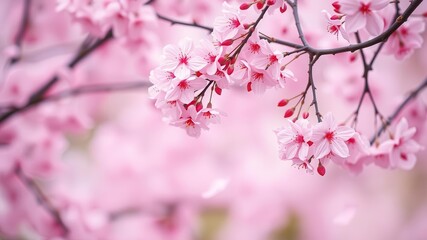 Obraz premium Pink sakura petals gently fall from the sky creating a dreamy and romantic background, pink, sakura, background