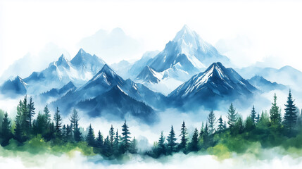 Obraz premium Majestic mountain landscape with misty forest and snow-capped peaks during a serene morning