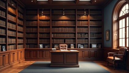 Classic law office library. Pro workspace with dark wooden bookshelves filled with legal documents. Desk, leather chair for study, research. Elegant, detailed design. Perfect for academic research