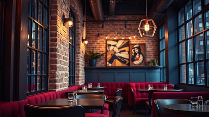 Naklejka premium Industrial Interior Café Close-Up with Exposed Brick Walls and Deep Blue and Burgundy Hues.
