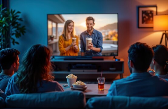 Group of friends relaxing at home enjoying movie night. Seated on couch in cozy living room. Popcorn, drinks on table. Friends focusing on television screen. Casual, fun gathering.