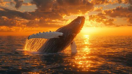 Fototapeta premium A humpback whale breaching from the oceana??s surface as the sun sets on the horizon, its massive body reflecting the golden hues of the water.