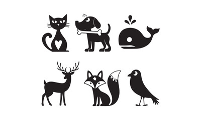 A collection of six charming black and white animal icons featuring a cat, dog, whale, deer, fox, and bird. Perfect for kids' crafts, logos, and decorations.