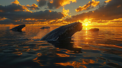 A humpback whale breaching from the oceana??s surface as the sun sets on the horizon, its massive body reflecting the golden hues of the water."