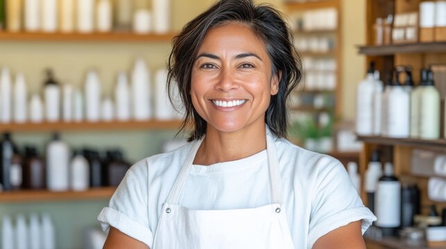 Smiling woman in a white apron in a professional studio her approachable demeanor blending creativity and expertise in a dynamic workspace