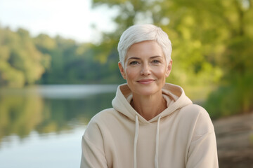 Woman enjoy sunny day in nature. Happy middle aged woman wearing blank beige hoodie. Mock up template for leisure clothing design, print area for logo or design